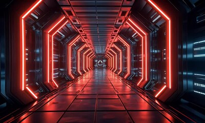 Aufkleber - Red neon futuristic corridor, spaceship interior, glowing lights, travel background