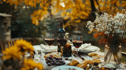 Wall Mural - Happy friends enjoying autumn backyard party with red wine and food.