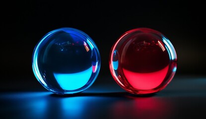 Two illuminated glass spheres, blue and red, on dark background.