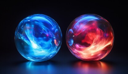 Wall Mural - Two glowing orbs, one blue and one red, on a dark background.