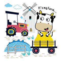 Wall Mural - Cartoon cow sitting on hay with tractor and windmill scene. Farm illustration concept
