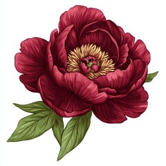 Wall Mural - Single dark red peony blossom with green leaves. (2)