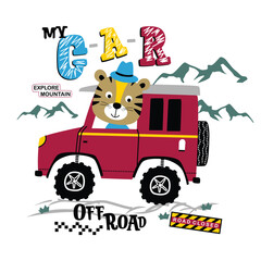 Wall Mural - Cartoon tiger driving off-road vehicle in mountain terrain with road signs. Adventure concept
