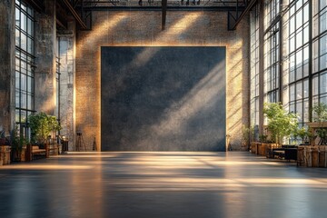 Poster - Modern Exhibition Space Minimalistic Interior with Large Black Banner Wall and Overhead Lights