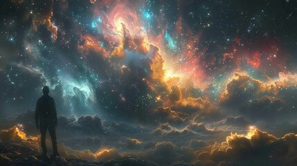 Wall Mural - A lone figure stands on a rocky ridge gazing at a swirling nebula of gold and blue, a galaxy of stars in the dark sky above. AI generative. .