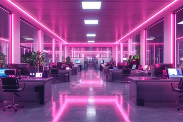 Wall Mural - pink neon lights illuminate an empty office with computers and chairs. ai generative. .