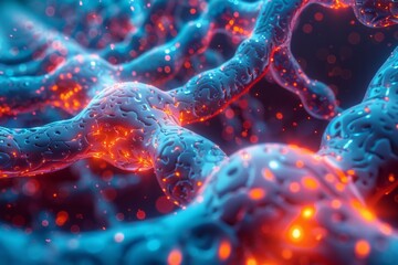 Wall Mural - abstract glowing blue and red network with bokeh lights. ai generative. .