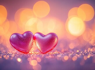 Wall Mural - Blurred pastel-colored background with heart-shaped bokeh for Valentine's Day, shiny glitter lights on the floor. 