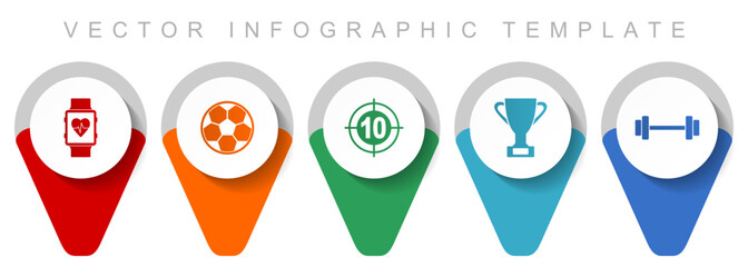 Poster - Sport pointer collection, miscellaneous icons such as smartwatch, football, darts, cup and fitness, flat design vector infographic template in eps 10