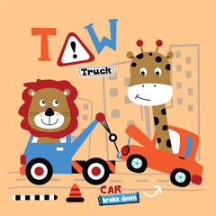 Wall Mural - Cartoon lion driving tow truck assisting giraffe with broken car. Vehicle assistance concept
