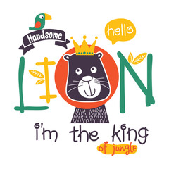 Wall Mural - Illustration of lion wearing crown with text and bird detail. Jungle king concept
