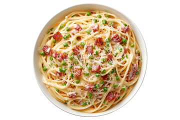 Wall Mural - Creamy spaghetti carbonara with crispy bacon and parmesan cheese in a white bowl isolated on white or transparent, PNG