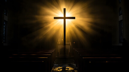 Aufkleber - Illuminated Cross in Darkened Church with Radiant Sunbeams : Generative AI