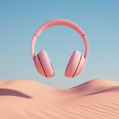 Poster - Contemporary Minimalist Audio Equipment Showcase Hovering Pink Headphones in Desert Sandscape - Artistic Content for Creative Entertainment and Marketing Inspiration