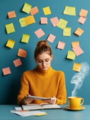Aufkleber - Cozy Modern Study Indian Teen with Tablet and Vibrant Sticky Notes - Inspiring Home Learning Decor for Digital Education and Productivity Spaces