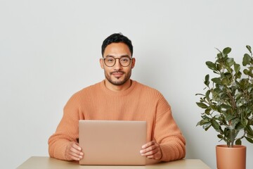 Poster - Minimalist Remote Work Aesthetic Cozy Home Office with Laptop and Greenery Lighting - For Corporate Telecommuting and Modern Urban Workplace Solutions