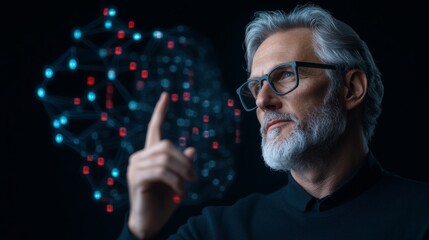 Poster - Sophisticated Virtual Presentation Silver-Haired Speaker with Dynamic Digital Network Background in Futuristic Business Forum - Innovation in Professional Development and Digital Collaboration