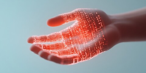 Leinwandbilder - Digital Harmony Futuristic Hands with Neon Circuitry in Soft Matte - Tech Compliance Visuals for Innovative Business Security Solutions