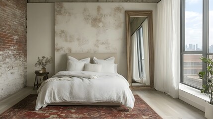 Wall Mural - A minimalist bedroom with a wall-mounted headboard, crisp white linens, and an oversized floor mirror.