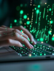 Aufkleber - Futuristic Financial Analytics Indian Woman Typing on Laptop with Holographic Graphs - Business Technology and Cyber Security for Innovative Stock Market Solutions