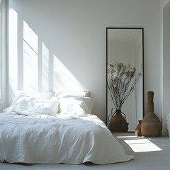 Wall Mural - A minimalist bedroom with a wall-mounted headboard, crisp white linens, and an oversized floor mirror.