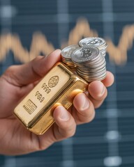 Fototapete - Modern Investment Aesthetics Mid-30s Male Holding Gold Bullion and Silver Coins Against Financial Chart - Premium Diversification and Financial Security Strategy