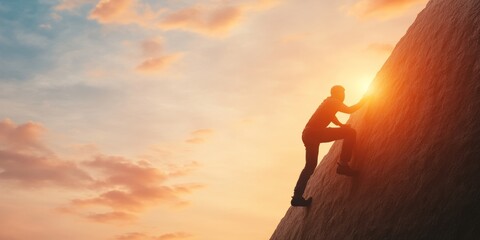 Poster - Climbing Motivation Silhouette Figure Ascends Rocky Hill in Vibrant Sunset - Inspirational Imagery for Corporate Wellness and Personal Development Campaigns