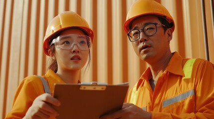 Poster - Modern Supply Chain Synergy Mid-Range Shot of Korean Dockworkers Engaged in Logistics Discussion at Container Yard - Enhancing Global Trade Efficiency with Vibrant Industrial Aesthetic