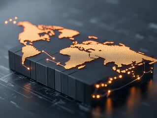 Poster - Global Shipping Dynamics High-Tech World Map with LED Trade Routes - Tech Innovation for Modern Business Strategy and International Commerce