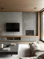 Canvas Print - A minimalist living room with built-in storage and a concrete accent wall.