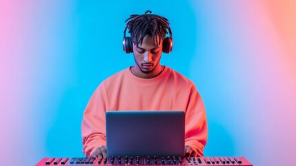 Poster - Neon Tech Vibes Home Studio with Digital Music Creation Setup on Laptop and MIDI - Exploring Modern Audio Innovation in Creative Digital Spaces