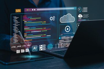 A software developer interacts with a tablet using a stylus, programming code on screen, representing software development. Perfect for coding, IT solutions, digital technology, web applications.