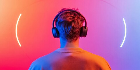 Aufkleber - Neon-Aesthetic Studio Ambience Content Creator with Headset in Gradient Lighting - Tech Innovation and Streaming Engagement for Digital Entertainment Platforms