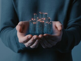 Aufkleber - Digital Connectivity in Sustainable Urban Imagery Person Holding Miniature Eco-City Model with Urban Skyscrapers - Smart City Design for Modern Planning and Environmental Advancements