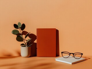 Poster - Contemporary Minimalist Workspace Earthy Textures of Potted Plant, Glasses and Notepad on Orange Desk - Modern Home Office Design for Creative Professionals and Trendy Marketing Content