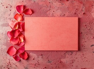 Wall Mural - Minimalist pink background with a rectangular empty paper for writing, top view. The left side of the card is decorated 