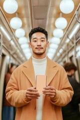 Aufkleber - Modern Urban Micro-Learning Asian Man with Smartphone in Subway - Quick Digital Learning Solutions for Commuters, Enhancing Tech Literacy and Lifestyle Efficiency in Smart Cities