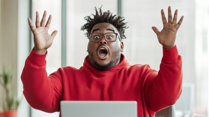 Poster - Contemporary Digital Awe Young Black Mans Astonished Reaction to Laptop Discovery - Trendy Tech Workspace and Marketing Insight for Creative Business Engagement