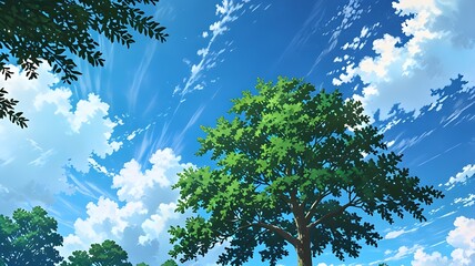 tree under a bright blue sky with clouds anime style image