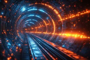 Leinwandbilder - Futuristic Digital Tunnel with Glowing Blue and Orange Streams of Light