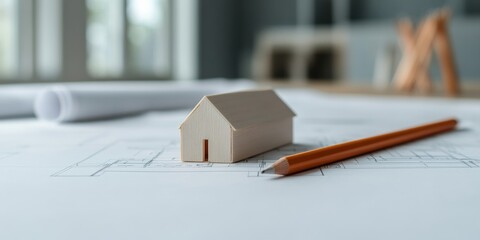Poster - Modern Urban Development Blueprint Wood Model House and Architectural Blueprints on Minimalist Desk - Smart City Planning and Sustainable Housing Solutions