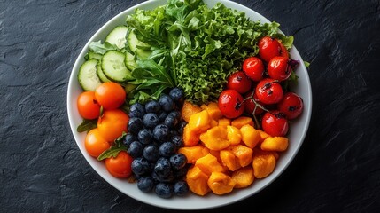 Canvas Print - Freshly arranged colorful platter of fruits and vegetables on a dark textured background