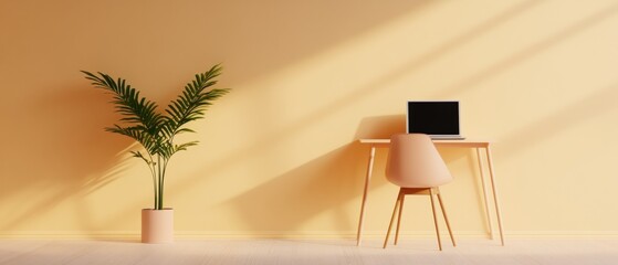 Aufkleber - Modern Biophilic Workspace Minimalist Desk and Laptop Setup in Sunlit Room with Lush Greenery - Enhancing Productivity for Remote Work in Contemporary Office Settings