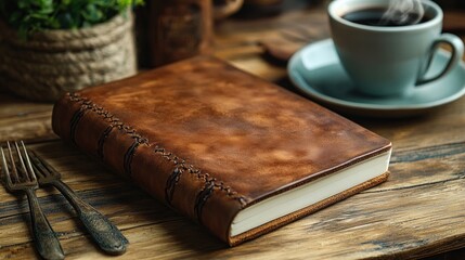 Warm Still Life Brown Leather Notebook Wooden Table Coffee Breakfast Cozy Ambiance