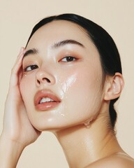 Leinwandbilder - Vulnerable Portraiture Emotional Expression of a 28-Year-Old East Asian Woman Against Soft Pastel Wall - Personal Authenticity in Digital Marketing and Tech Workplaces