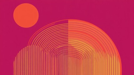 Wall Mural - Bright pink and orange vector graphic background, featuring an abstract design of circles and lines forming two semicircles.