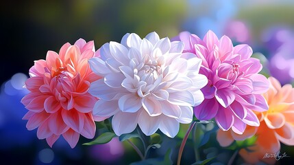 Wall Mural - Closeup of Three Dahlias in Vibrant Pink, White, and Orange Hues