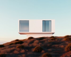 Poster - Modular Sustainable Living Minimalist White Panel Home with Solar Rooftop and Landscaped Eco-Friendly Surroundings for Urban Real Estate Development