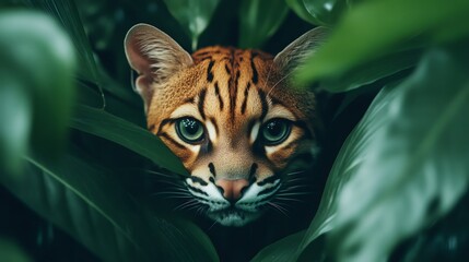 Wall Mural - Ocelot hiding in the Amazon rainforest foliage