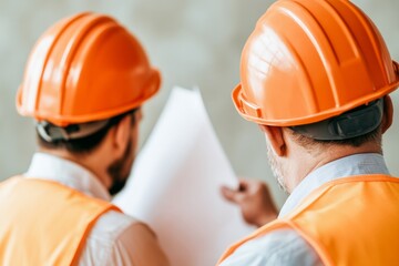 Aufkleber - Collaborative Urban Development Construction Workers with Modern Blueprints and Equipment - Enhancing Real Estate Projects Through Efficiency and Teamwork in Metropolitan Areas